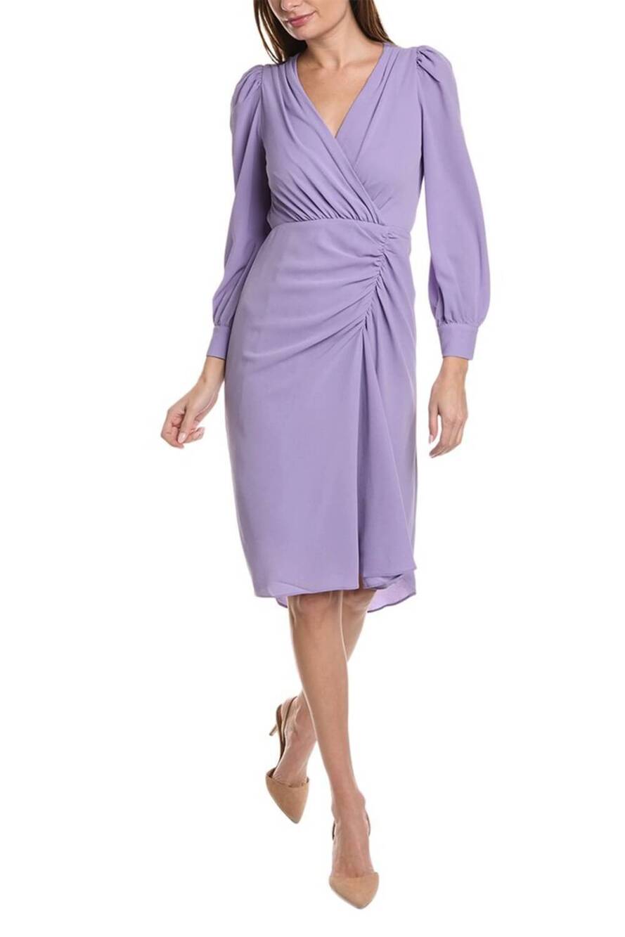 NEW MAGGY LONDON pleated ruched long sleeve dress in violet